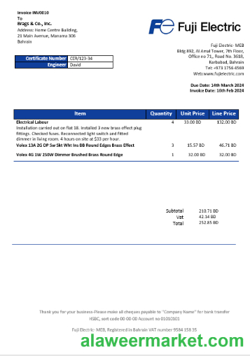 Bahrain Falcon Electrical S.P.C electricity business utility bill template in Word and PDF format